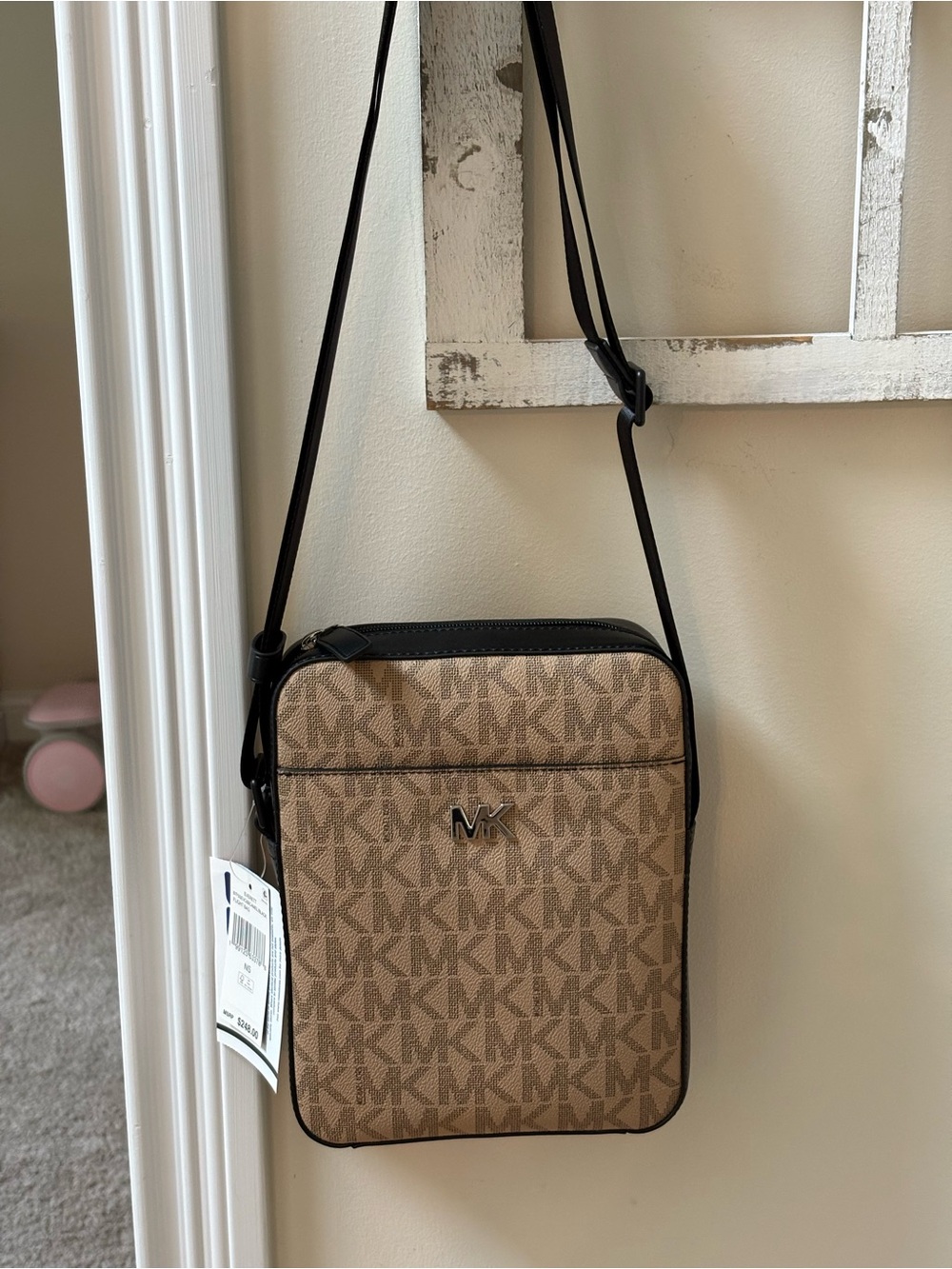 Michael Kors Brown/Tan MK Signature Crossbody Bag with Black Trim